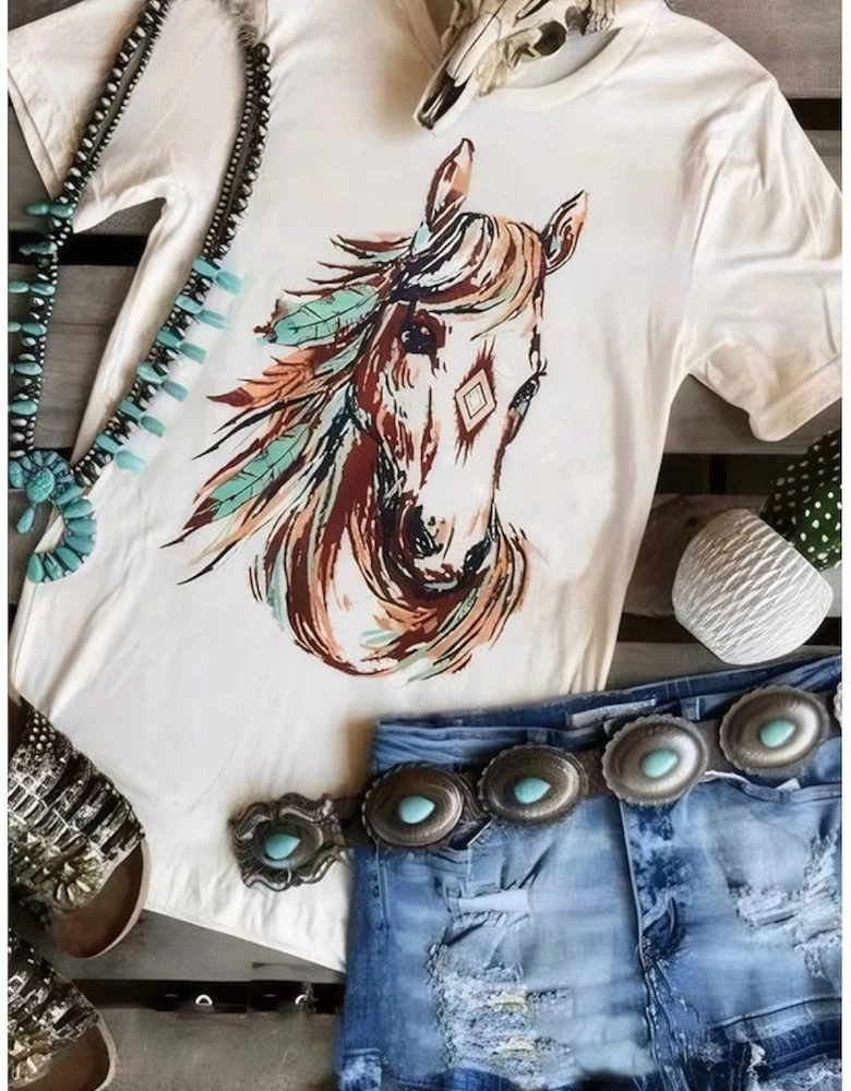 White Western Aztec Horse Graphic Crewneck Tee