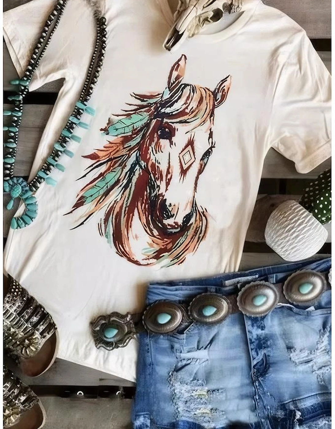 White Western Aztec Horse Graphic Crewneck Tee