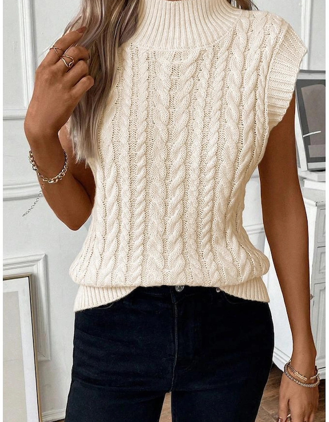 Oatmeal Cable Knit High Neck Sweater Vest