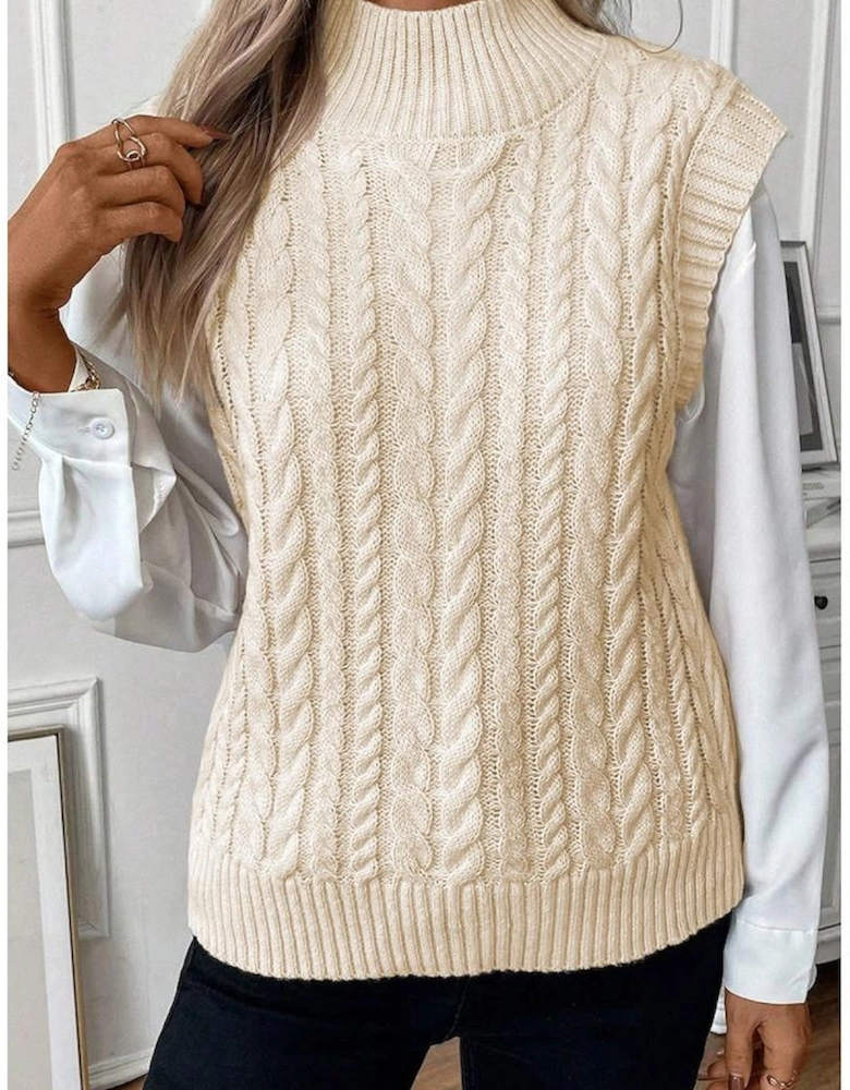 Oatmeal Cable Knit High Neck Sweater Vest