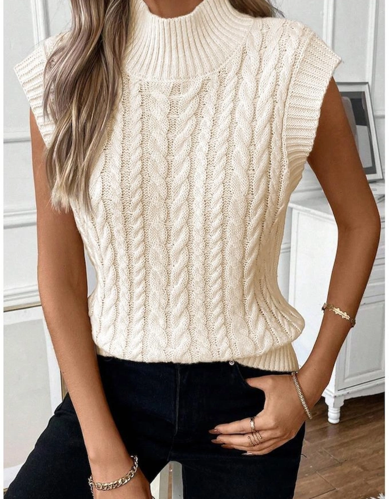 Oatmeal Cable Knit High Neck Sweater Vest
