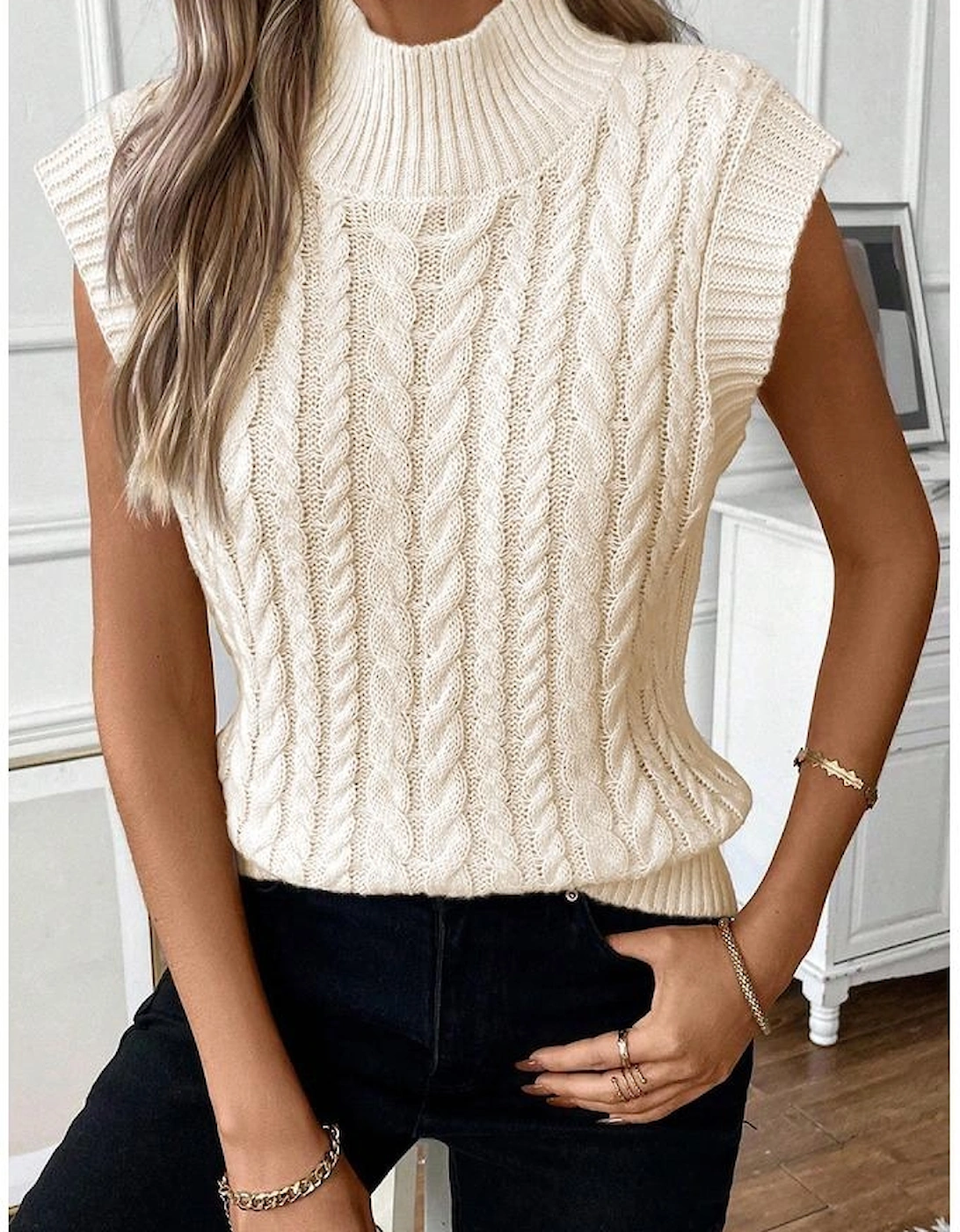 Oatmeal Cable Knit High Neck Sweater Vest