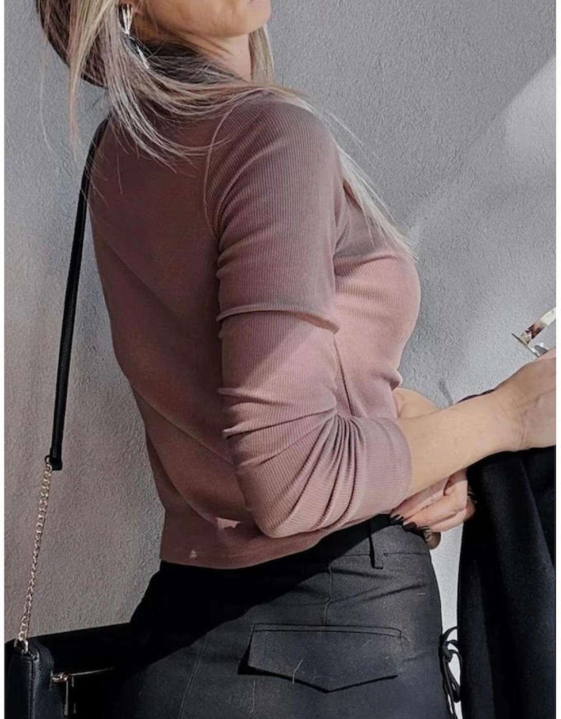 Old Rose Gathered Bust Square Neck Ribbed Fit Long Sleeve Top, 13 of 12