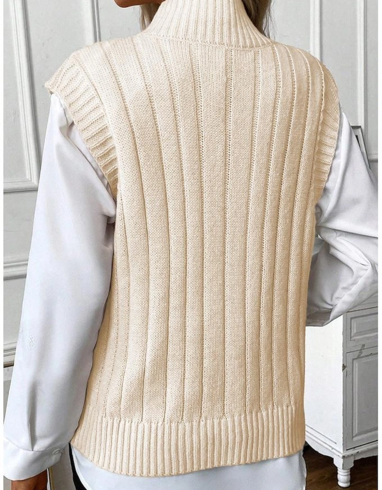 Oatmeal Cable Knit High Neck Sweater Vest