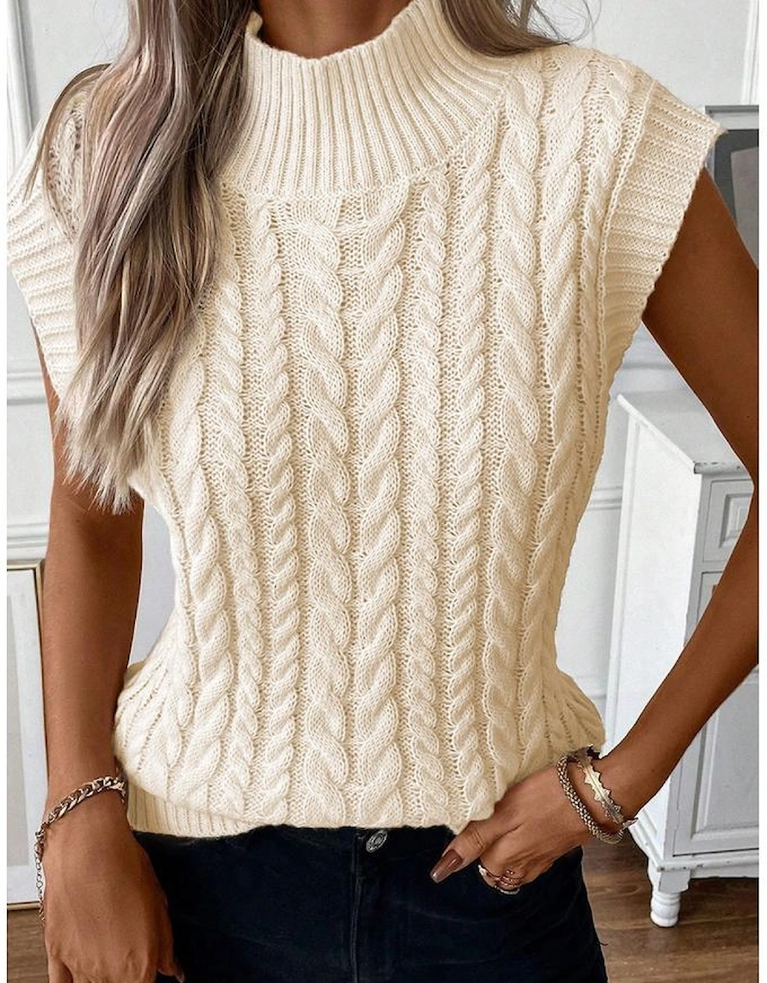 Oatmeal Cable Knit High Neck Sweater Vest