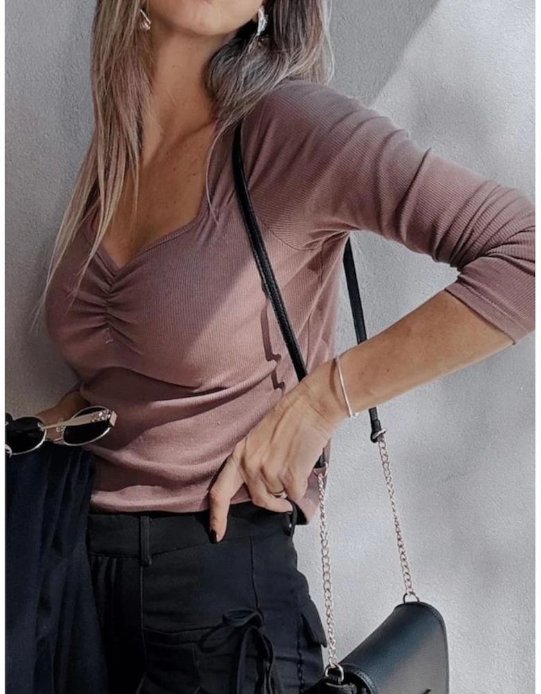 Old Rose Gathered Bust Square Neck Ribbed Fit Long Sleeve Top