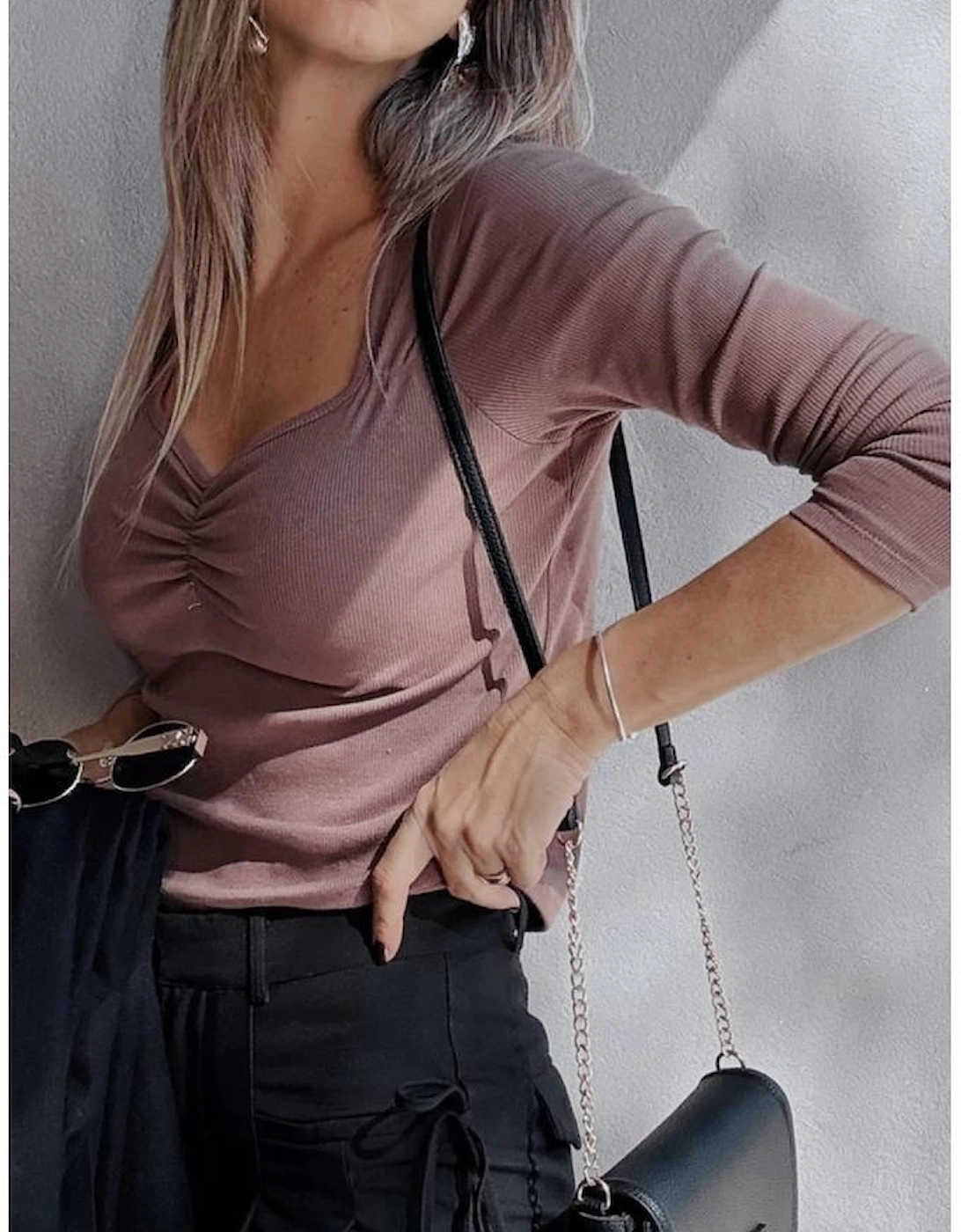 Old Rose Gathered Bust Square Neck Ribbed Fit Long Sleeve Top