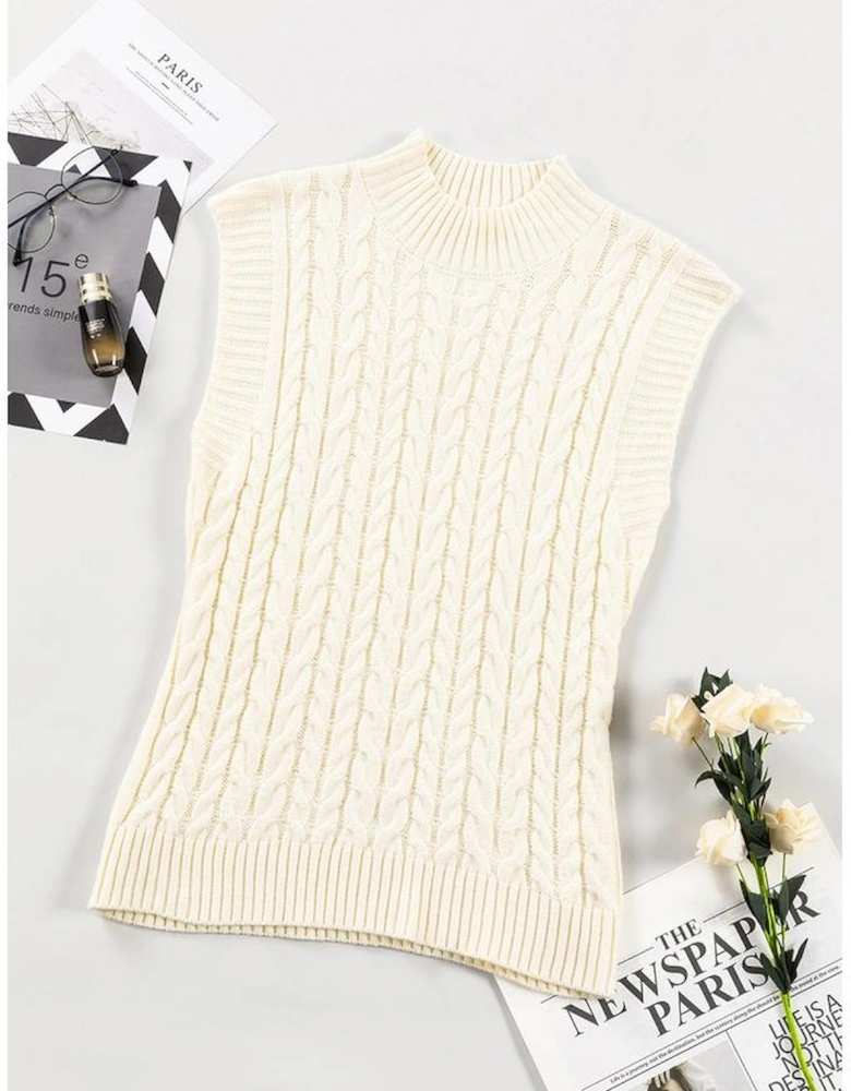 Oatmeal Cable Knit High Neck Sweater Vest
