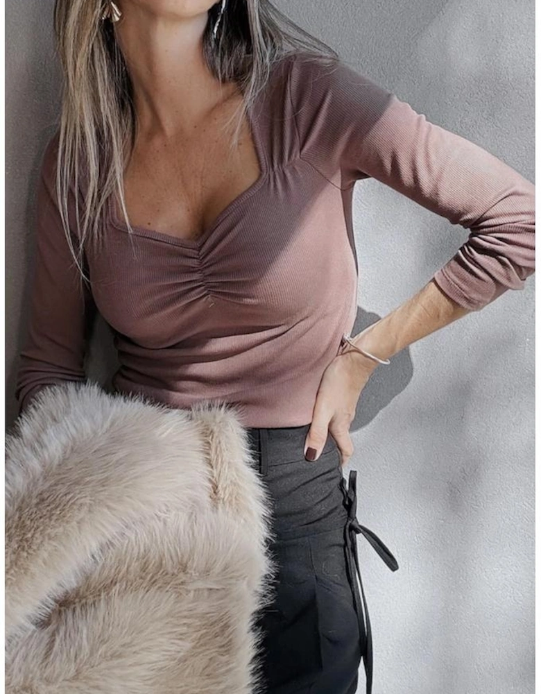 Old Rose Gathered Bust Square Neck Ribbed Fit Long Sleeve Top