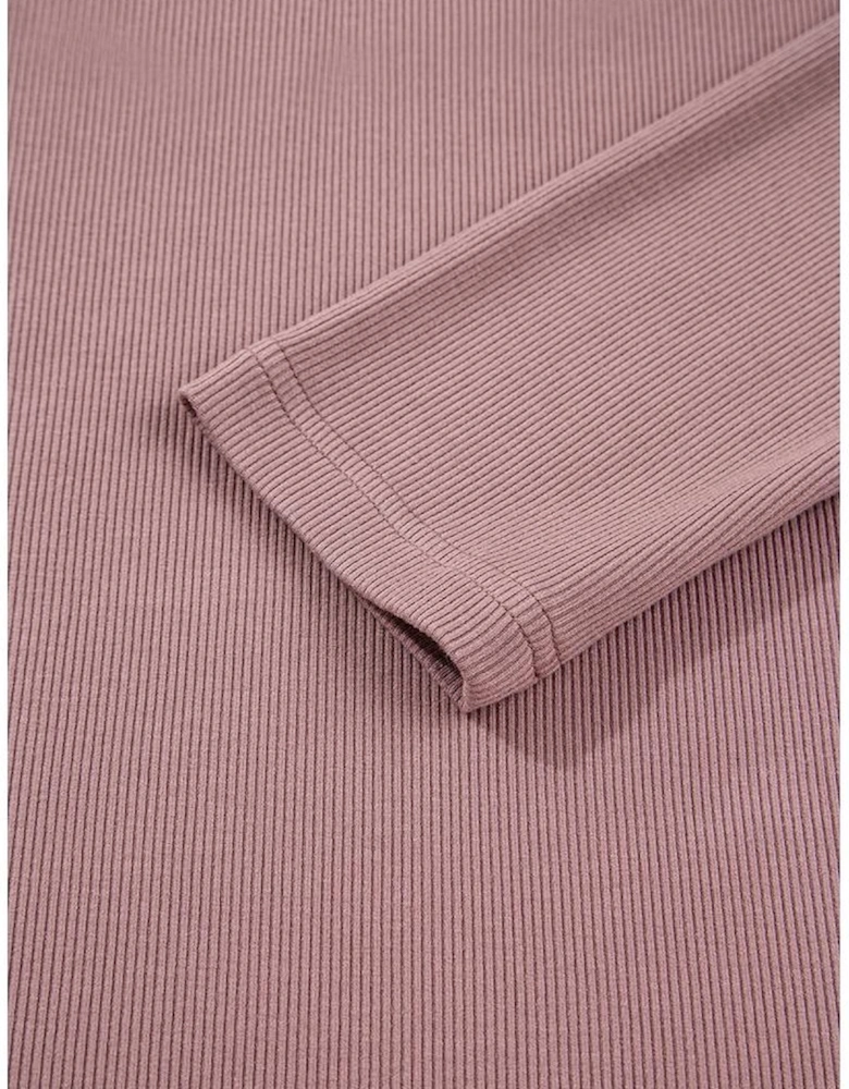 Old Rose Gathered Bust Square Neck Ribbed Fit Long Sleeve Top