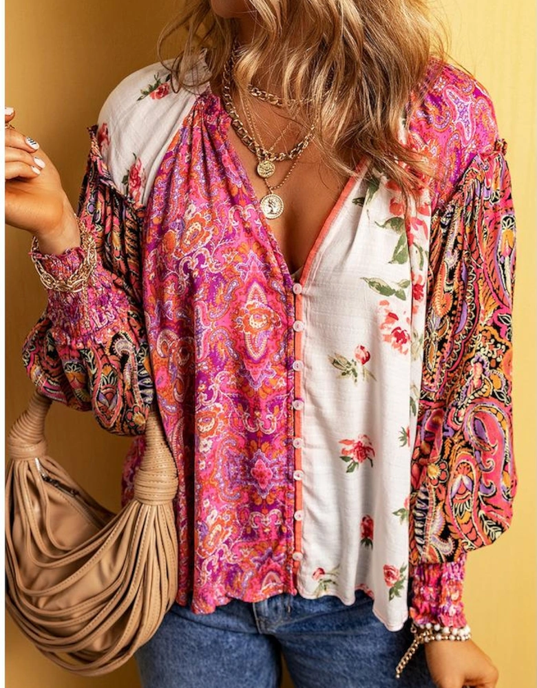 Multicolor Floral Patchwork Shirred Cuff Buttoned V Neck Blouse