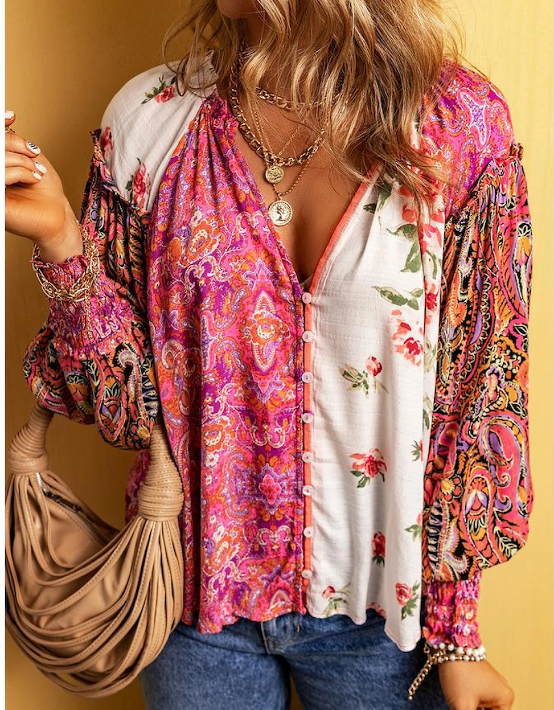Multicolor Floral Patchwork Shirred Cuff Buttoned V Neck Blouse