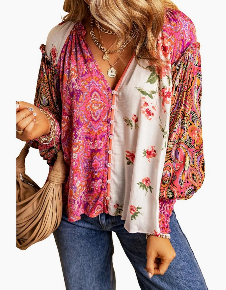 Multicolor Floral Patchwork Shirred Cuff Buttoned V Neck Blouse