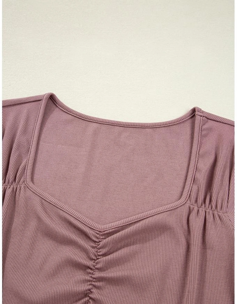Old Rose Gathered Bust Square Neck Ribbed Fit Long Sleeve Top