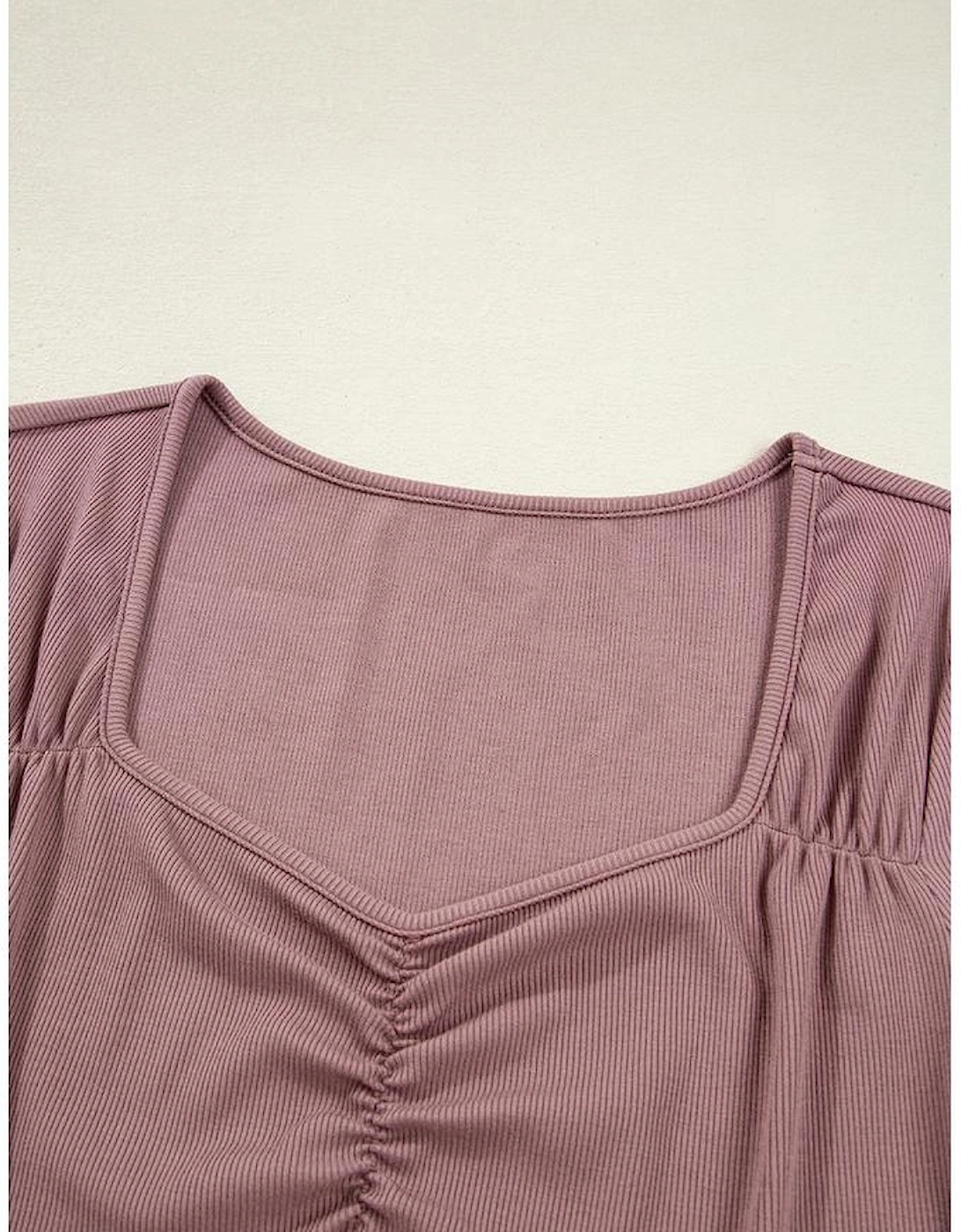 Old Rose Gathered Bust Square Neck Ribbed Fit Long Sleeve Top