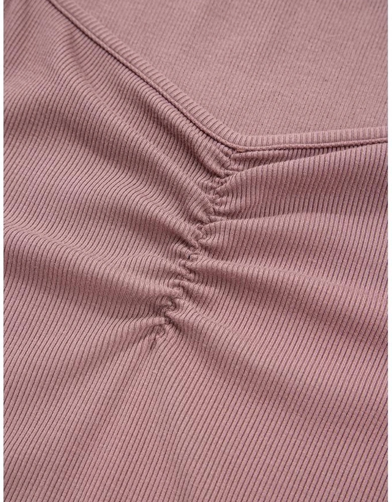 Old Rose Gathered Bust Square Neck Ribbed Fit Long Sleeve Top