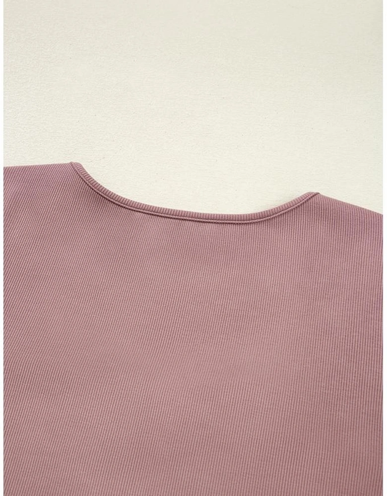 Old Rose Gathered Bust Square Neck Ribbed Fit Long Sleeve Top
