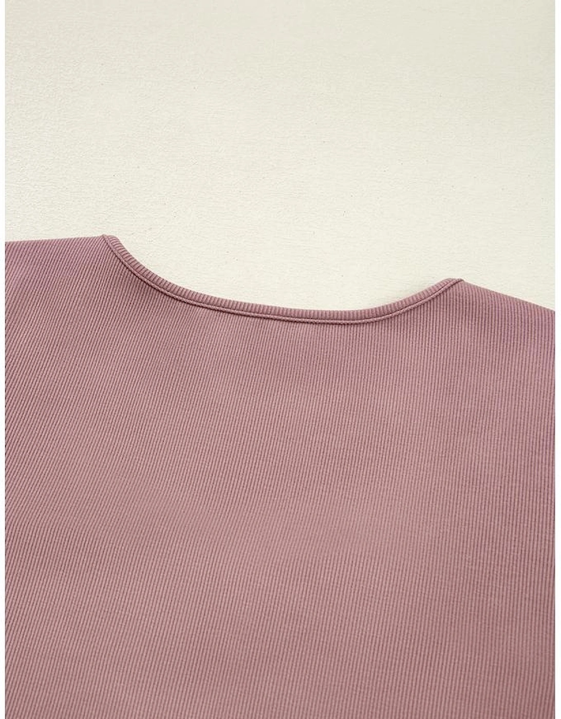 Old Rose Gathered Bust Square Neck Ribbed Fit Long Sleeve Top