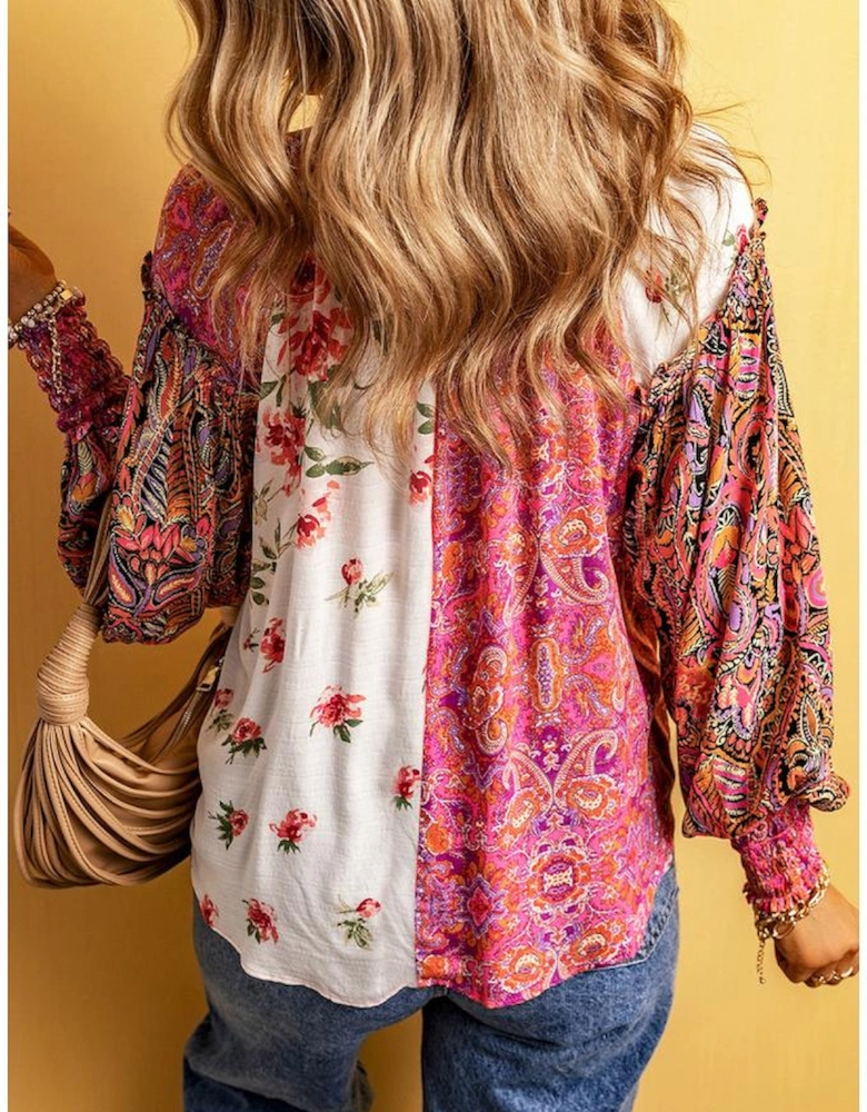 Multicolor Floral Patchwork Shirred Cuff Buttoned V Neck Blouse