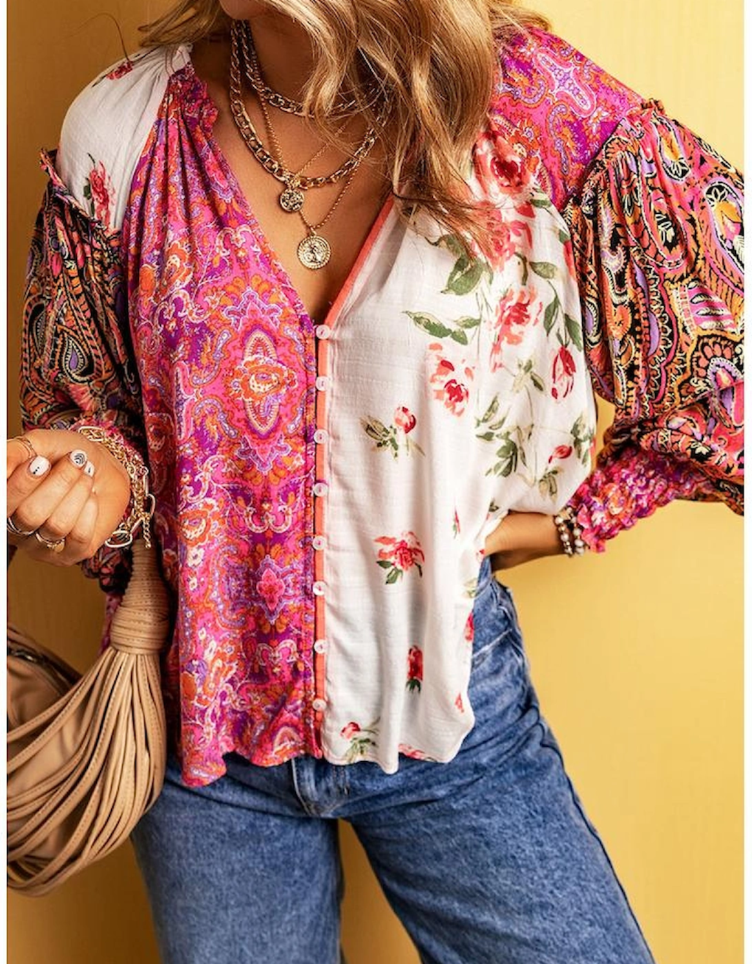 Multicolor Floral Patchwork Shirred Cuff Buttoned V Neck Blouse, 7 of 6