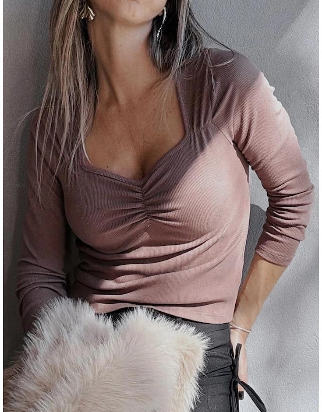 Old Rose Gathered Bust Square Neck Ribbed Fit Long Sleeve Top