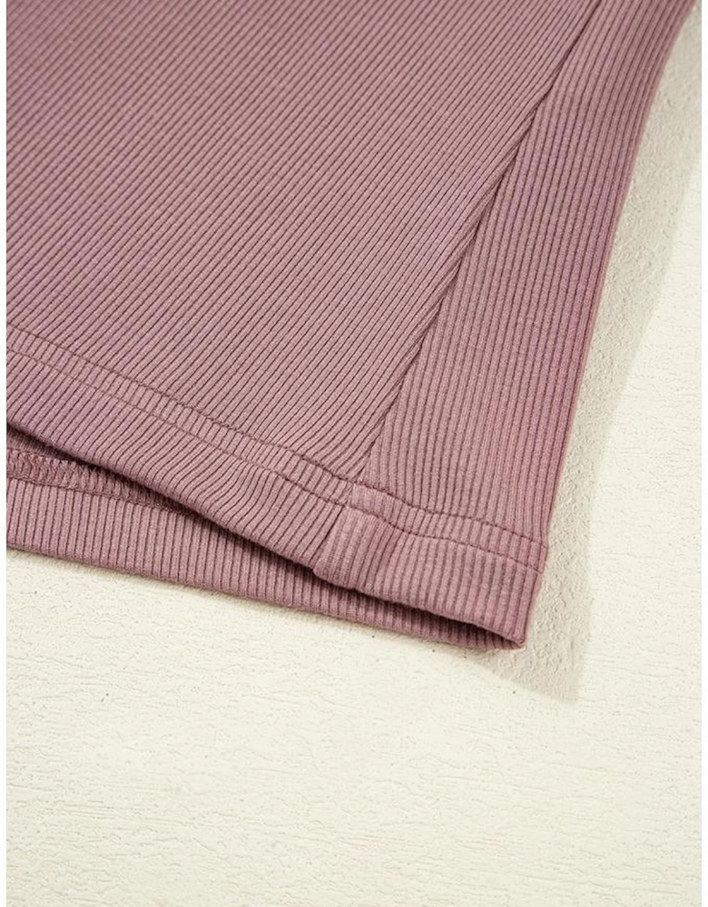 Old Rose Gathered Bust Square Neck Ribbed Fit Long Sleeve Top