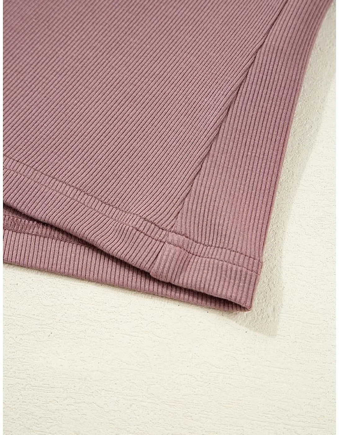 Old Rose Gathered Bust Square Neck Ribbed Fit Long Sleeve Top