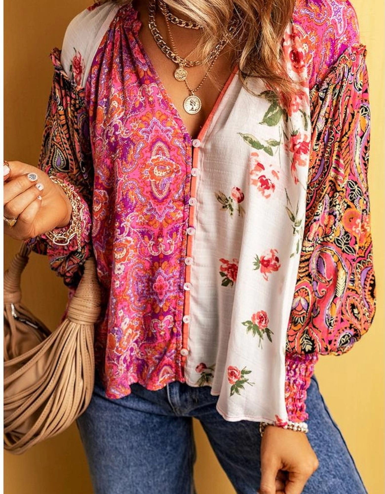 Multicolor Floral Patchwork Shirred Cuff Buttoned V Neck Blouse