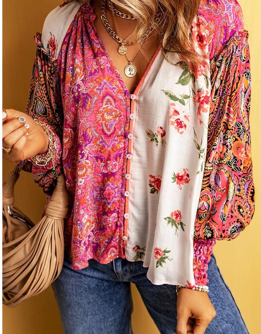 Multicolor Floral Patchwork Shirred Cuff Buttoned V Neck Blouse
