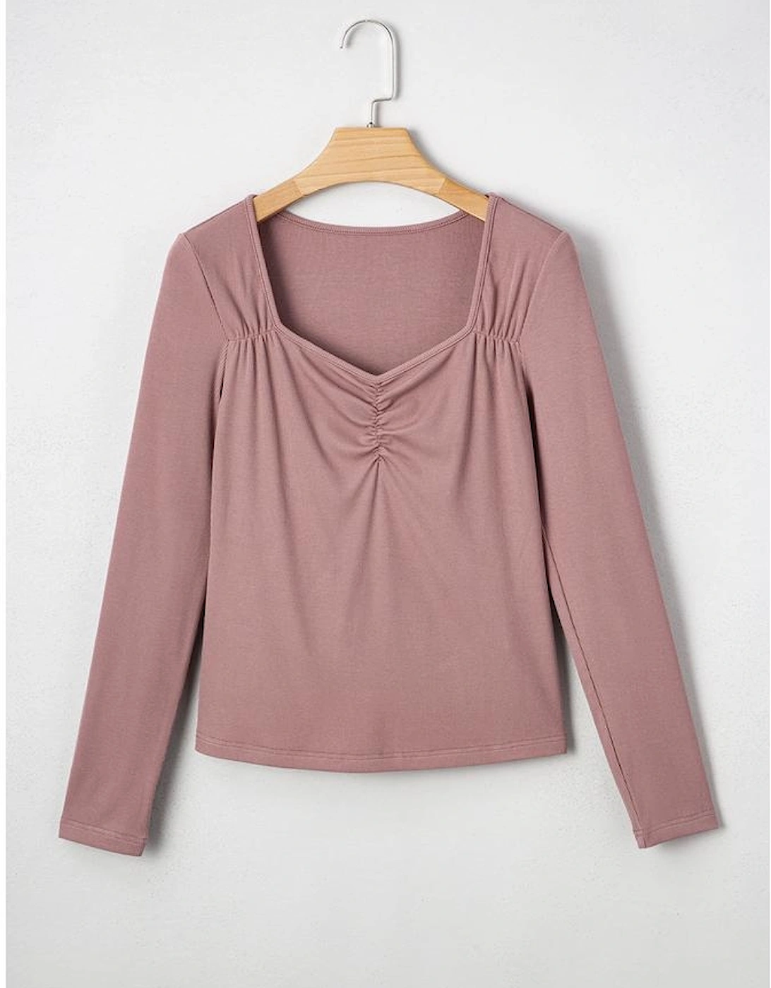Old Rose Gathered Bust Square Neck Ribbed Fit Long Sleeve Top