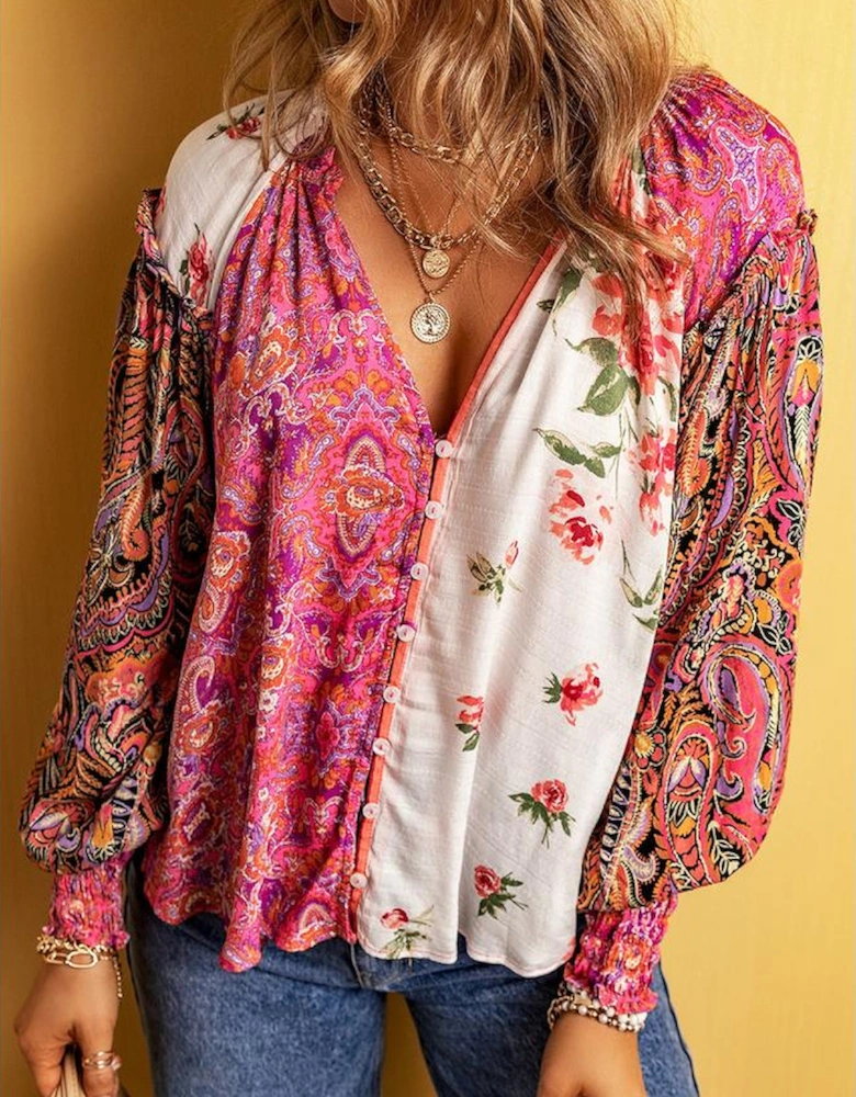 Multicolor Floral Patchwork Shirred Cuff Buttoned V Neck Blouse