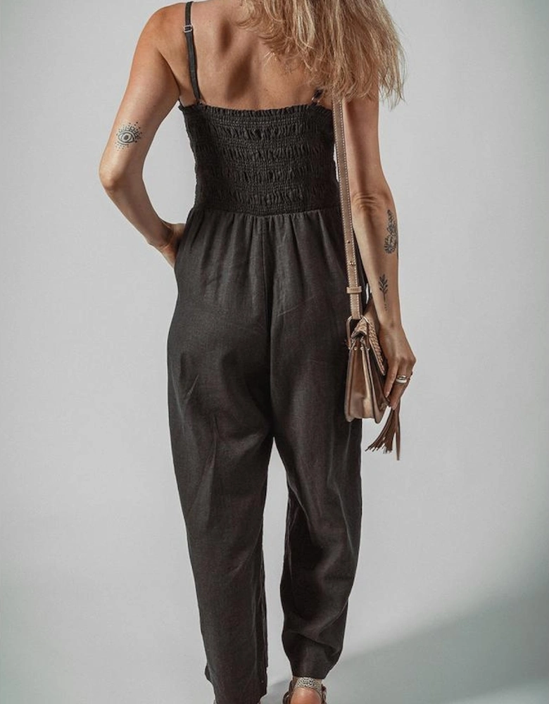 Black Spaghetti Straps Shirred Bodice Pocketed Wide Leg Jumpsuit