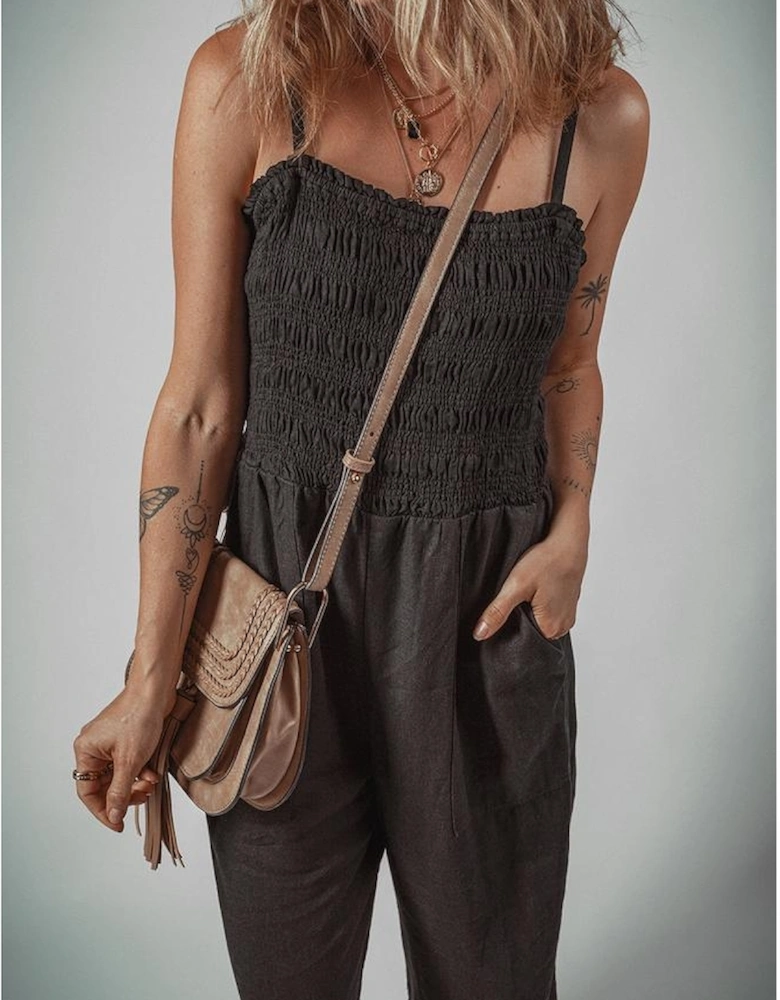Black Spaghetti Straps Shirred Bodice Pocketed Wide Leg Jumpsuit