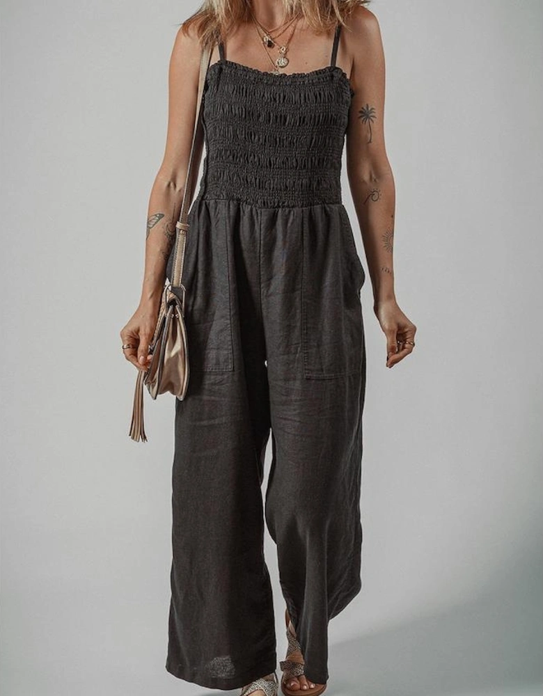 Black Spaghetti Straps Shirred Bodice Pocketed Wide Leg Jumpsuit