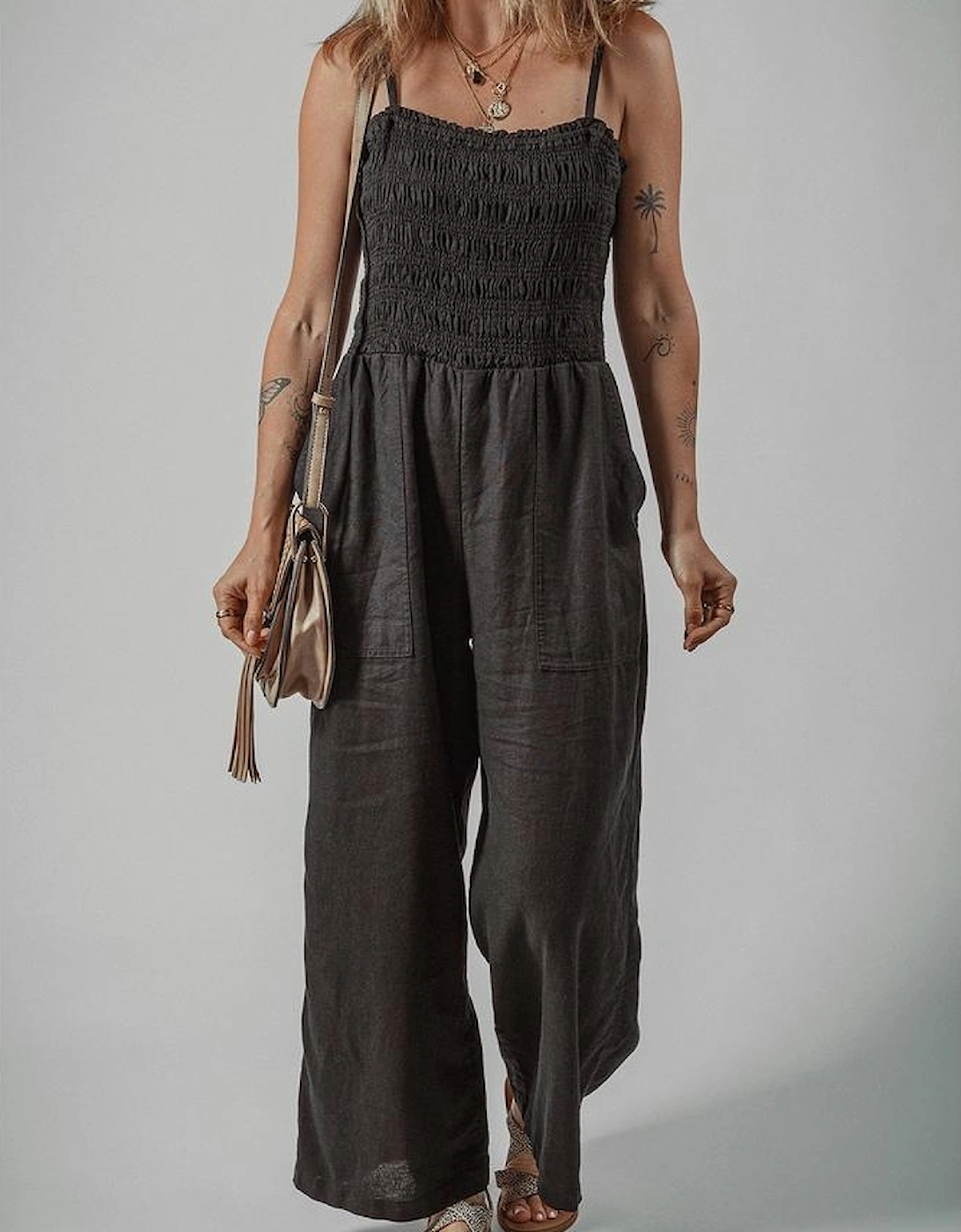 Black Spaghetti Straps Shirred Bodice Pocketed Wide Leg Jumpsuit