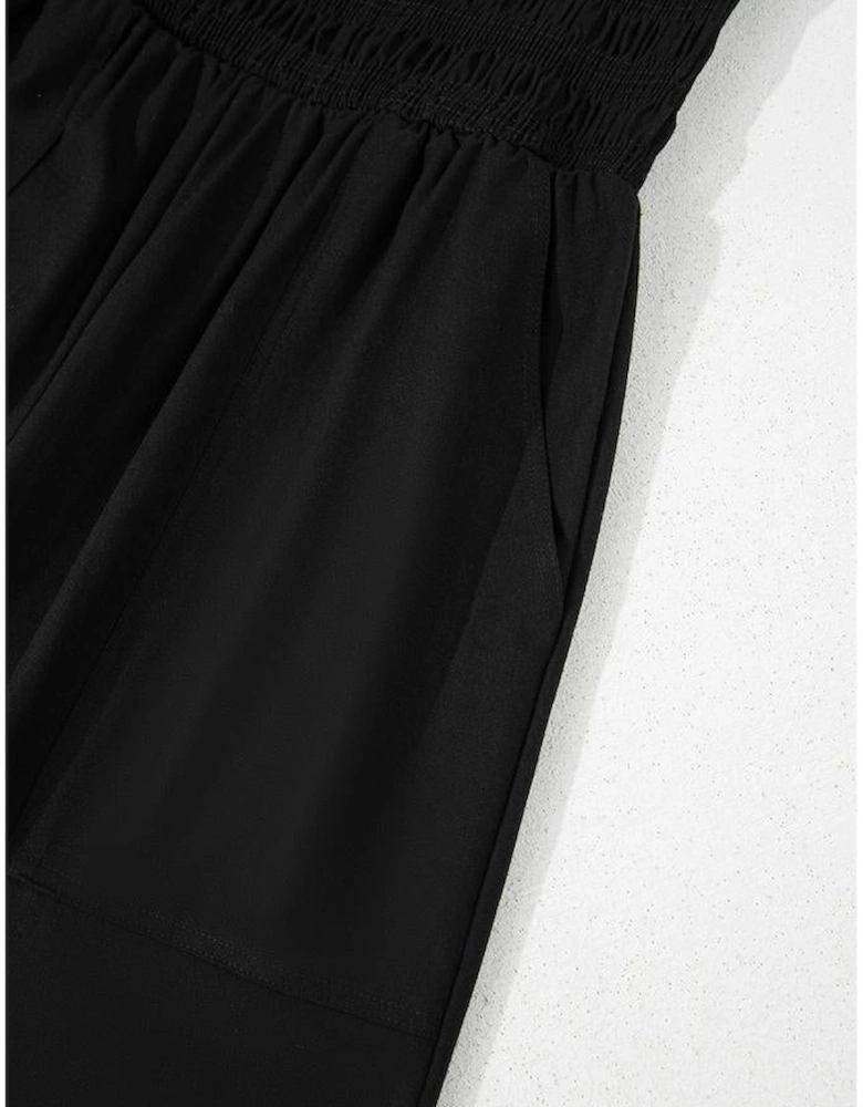 Black Spaghetti Straps Shirred Bodice Pocketed Wide Leg Jumpsuit