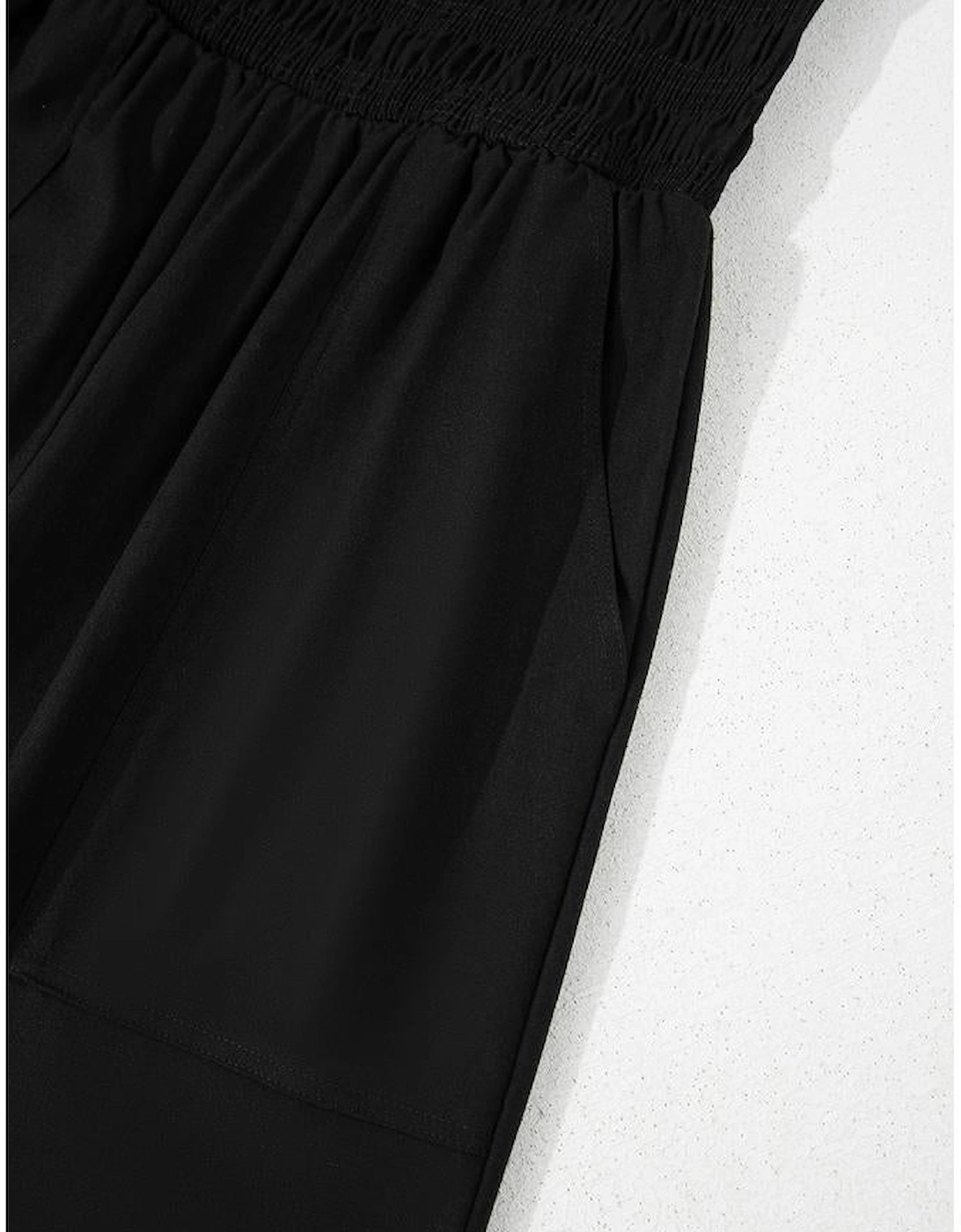 Black Spaghetti Straps Shirred Bodice Pocketed Wide Leg Jumpsuit