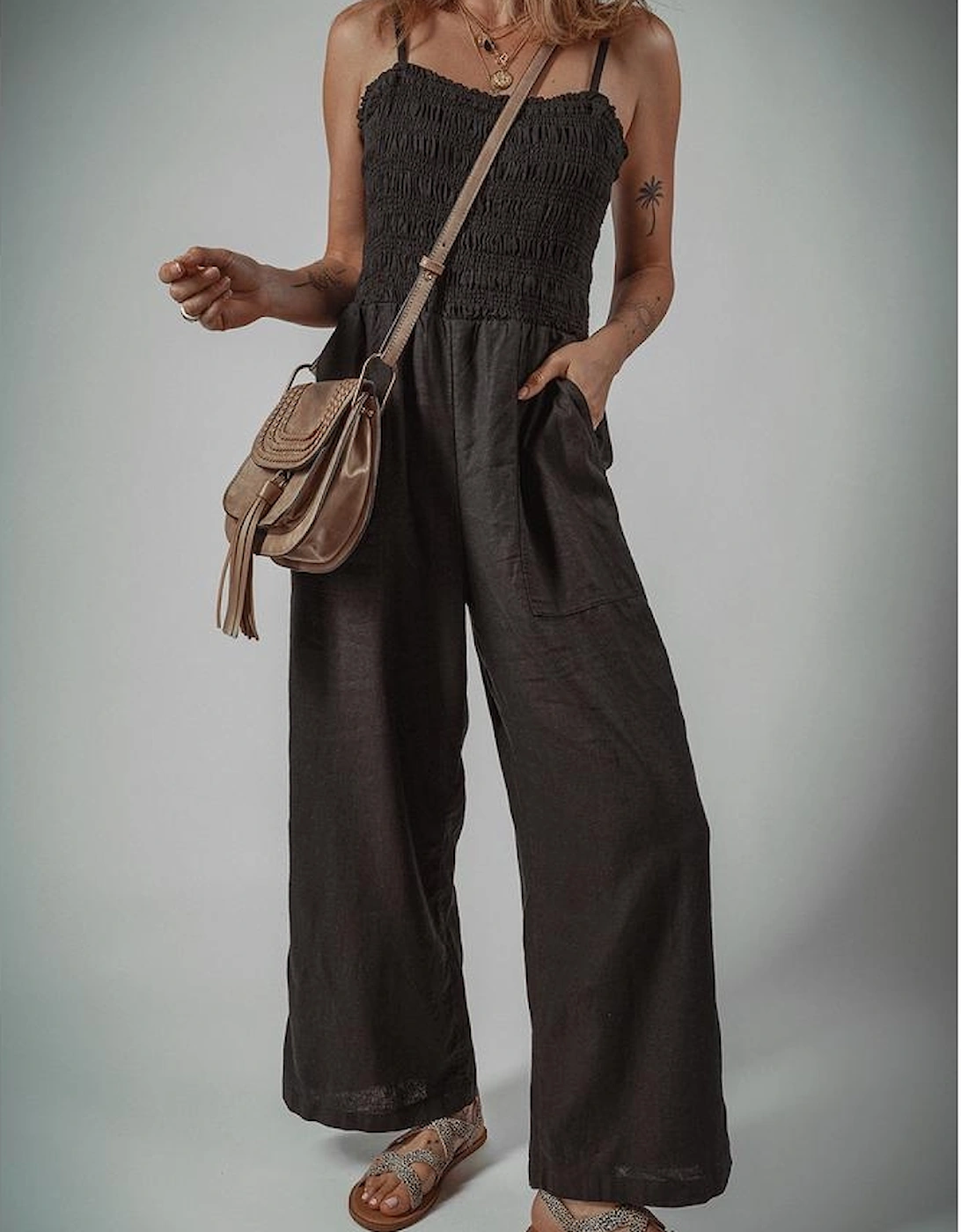 Black Spaghetti Straps Shirred Bodice Pocketed Wide Leg Jumpsuit