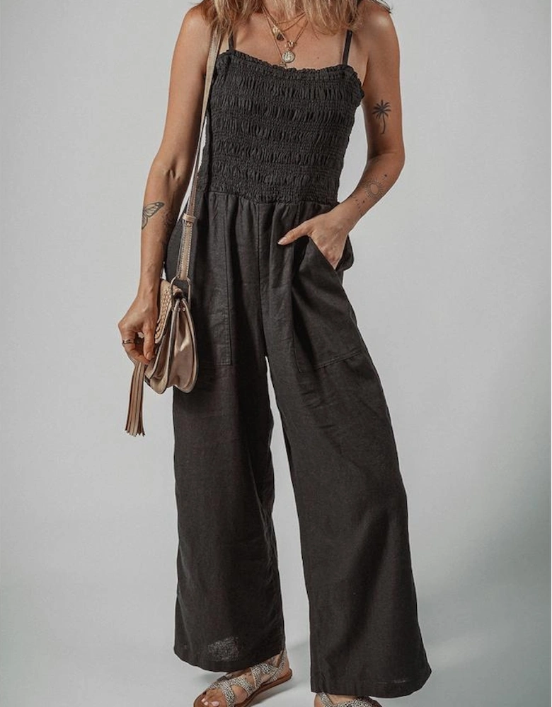 Black Spaghetti Straps Shirred Bodice Pocketed Wide Leg Jumpsuit