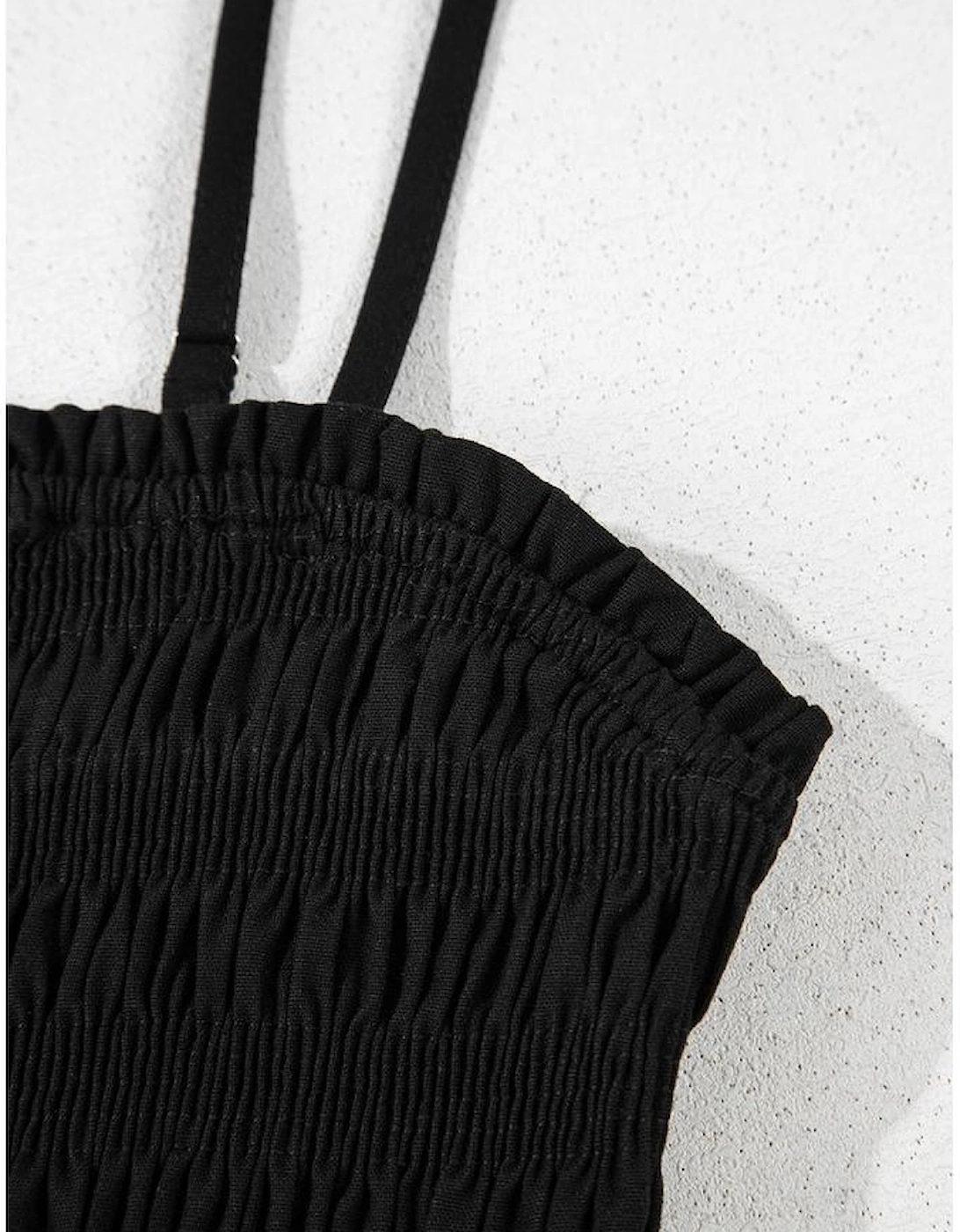 Black Spaghetti Straps Shirred Bodice Pocketed Wide Leg Jumpsuit