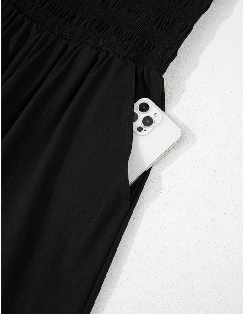 Black Spaghetti Straps Shirred Bodice Pocketed Wide Leg Jumpsuit