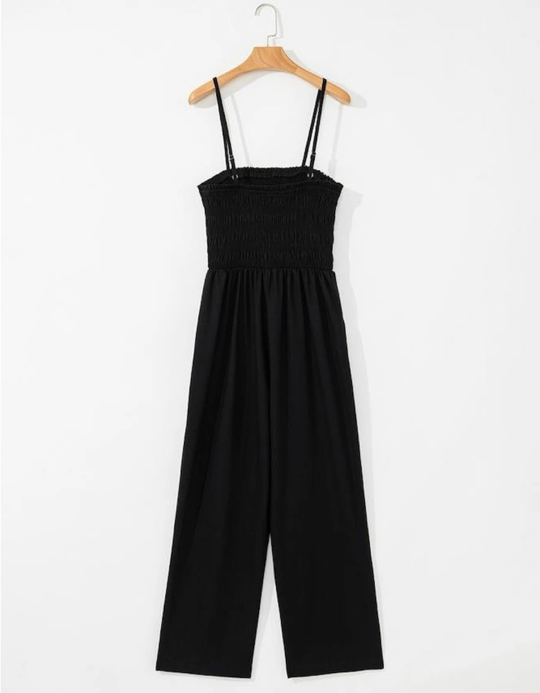 Black Spaghetti Straps Shirred Bodice Pocketed Wide Leg Jumpsuit
