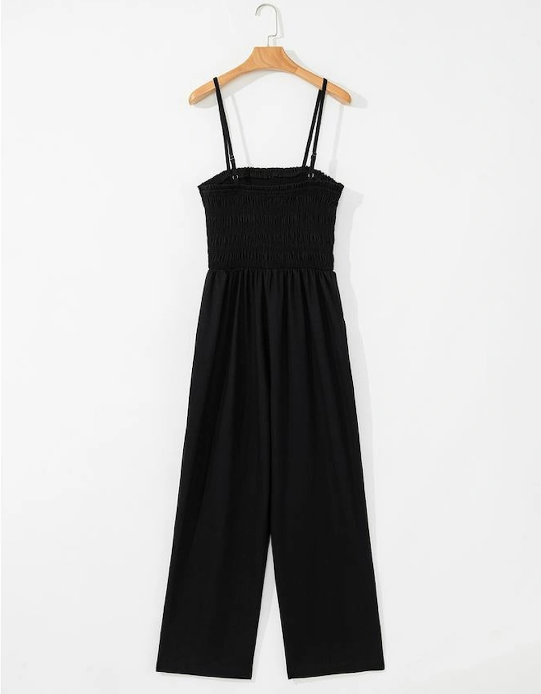 Black Spaghetti Straps Shirred Bodice Pocketed Wide Leg Jumpsuit