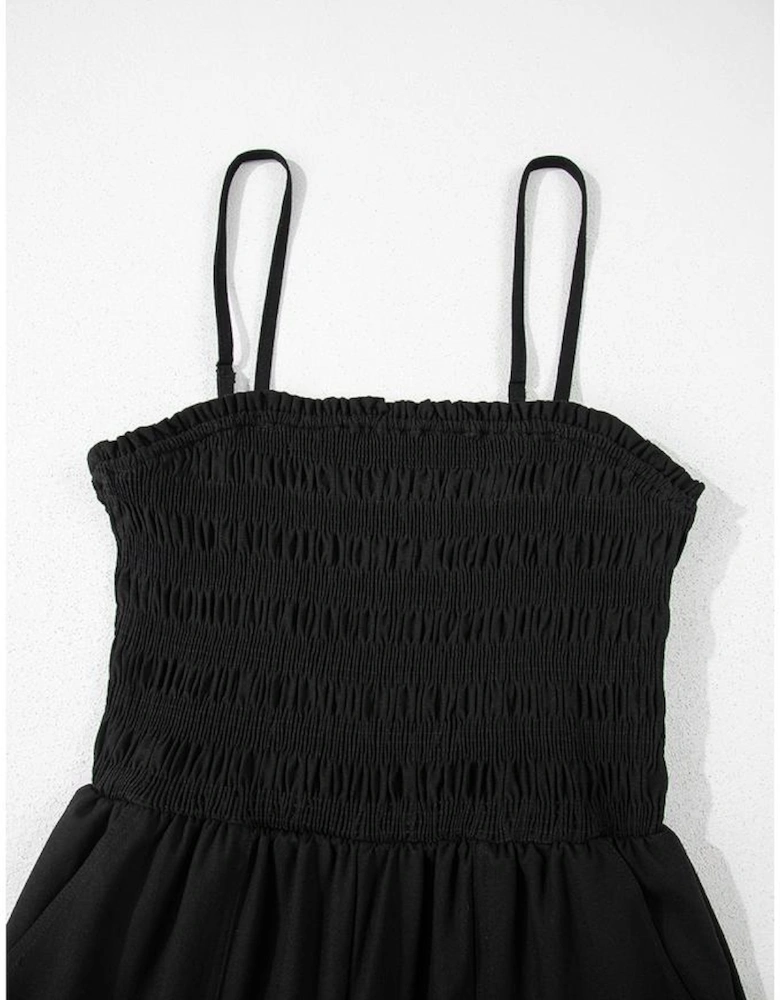 Black Spaghetti Straps Shirred Bodice Pocketed Wide Leg Jumpsuit