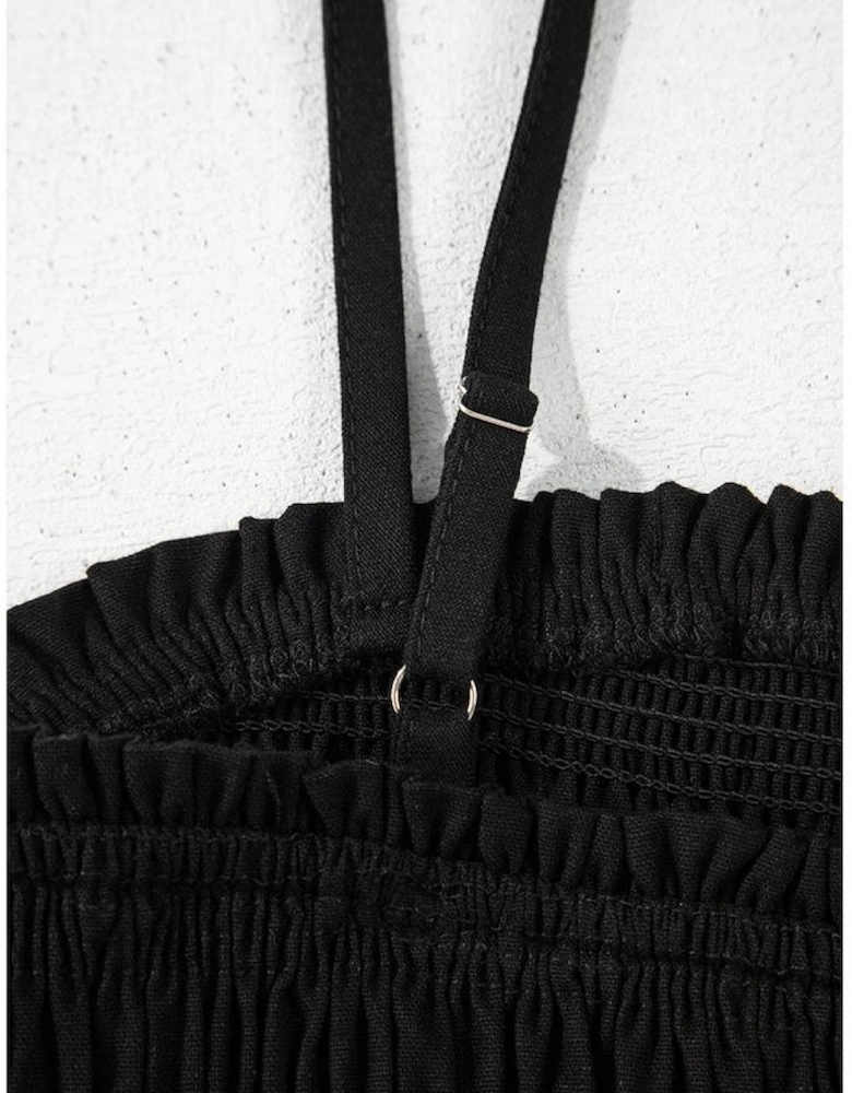Black Spaghetti Straps Shirred Bodice Pocketed Wide Leg Jumpsuit