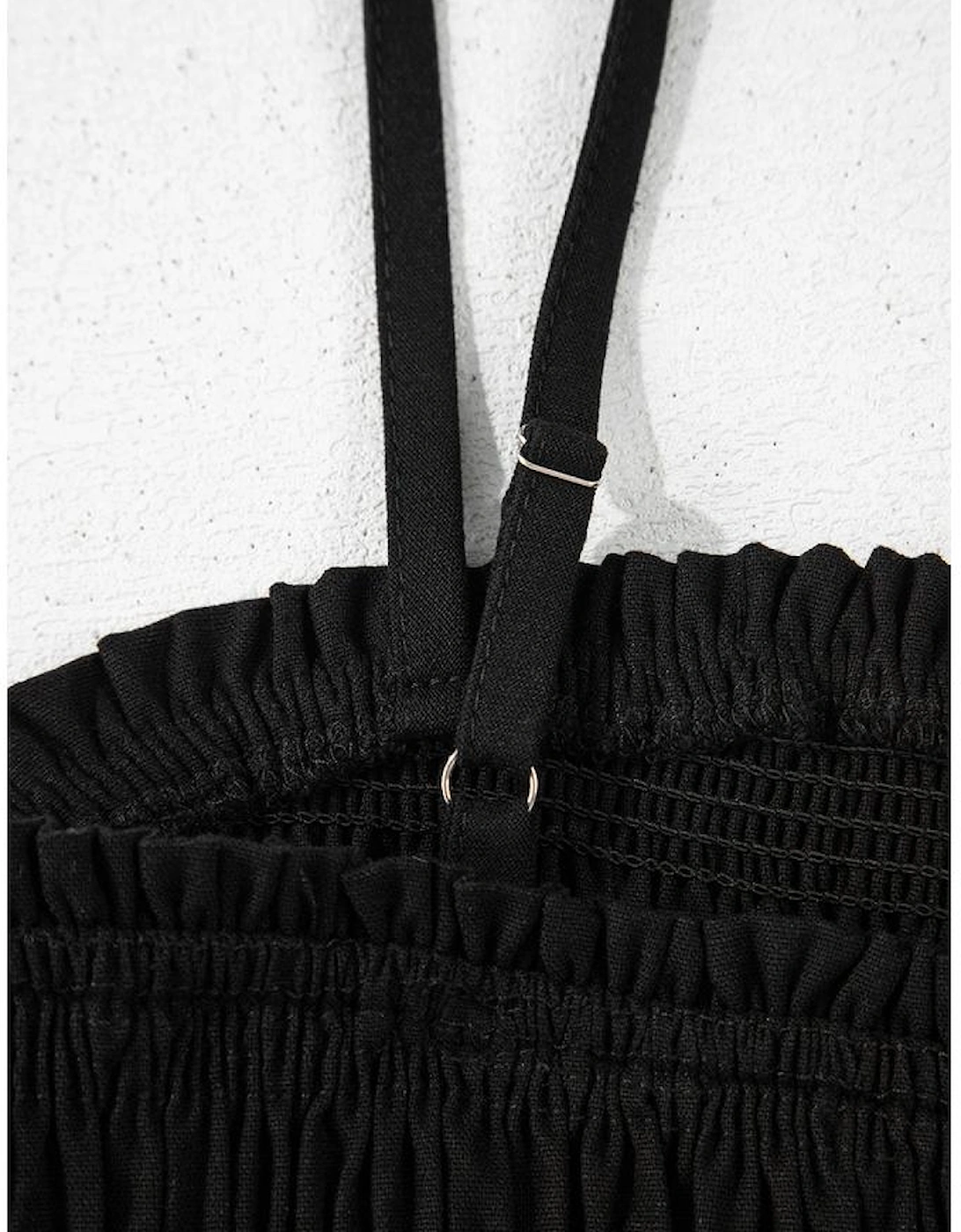 Black Spaghetti Straps Shirred Bodice Pocketed Wide Leg Jumpsuit