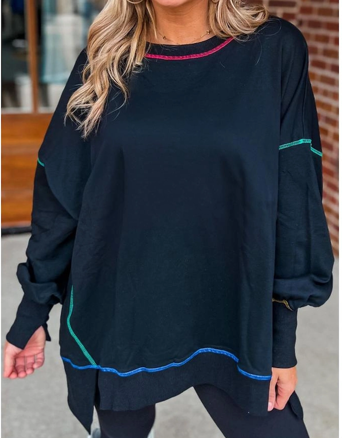 Black Contrast Stitching Split Baggy Sweatshirt, 8 of 7