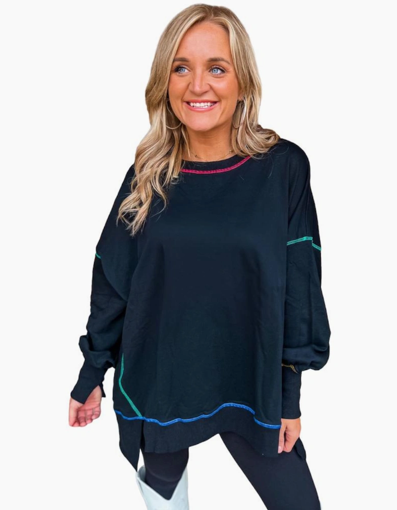 Black Contrast Stitching Split Baggy Sweatshirt