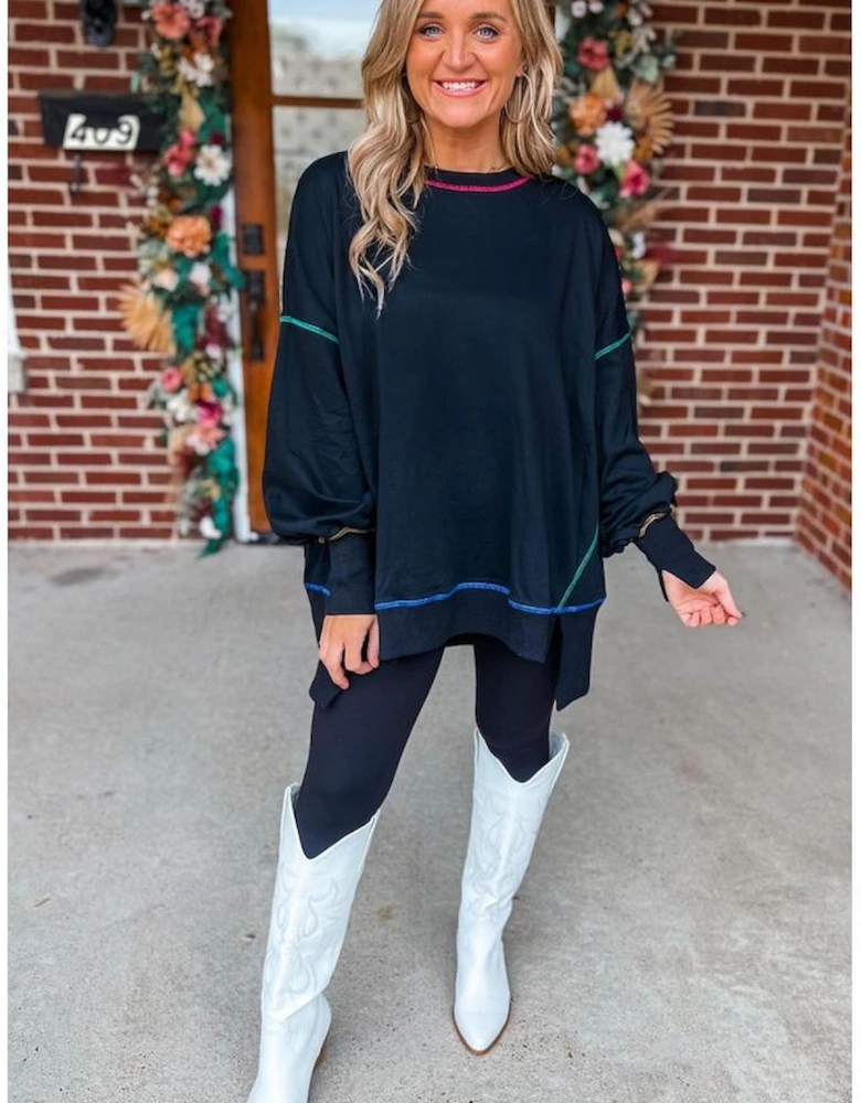 Black Contrast Stitching Split Baggy Sweatshirt