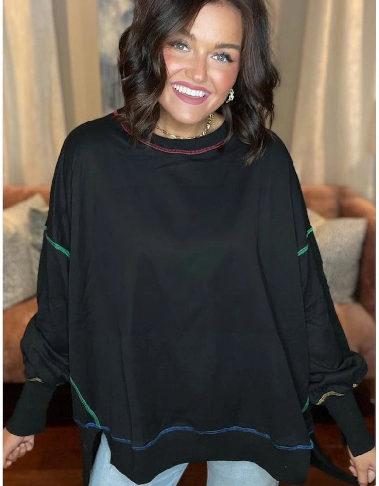 Black Contrast Stitching Split Baggy Sweatshirt